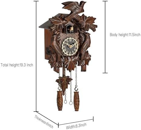 Kintrot Cuckoo Clock, Traditional Black Forest Handcrafted Wooden Quartz Clock for Wall Antique Decroration with Maple Leaf Pendulum, 12 Melodies, Night Sensor and Singing Bird