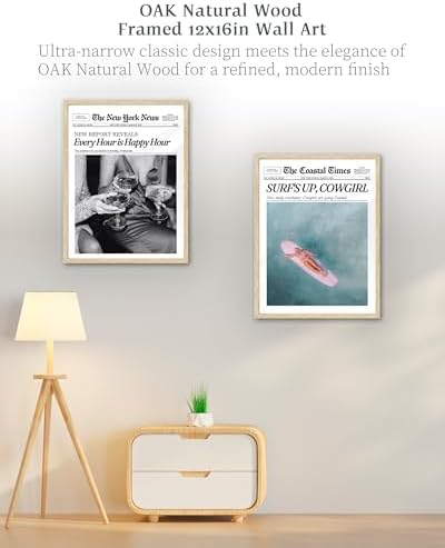 iHery 12x16in Surf’s Up Cowgirl Framed Newspaper Wall Art | Natural OAK Wood Frame with Canvas Print, Coastal Western Decor for Bedroom, Girl Dorm, Living Room and Bar Cart, 1Pack