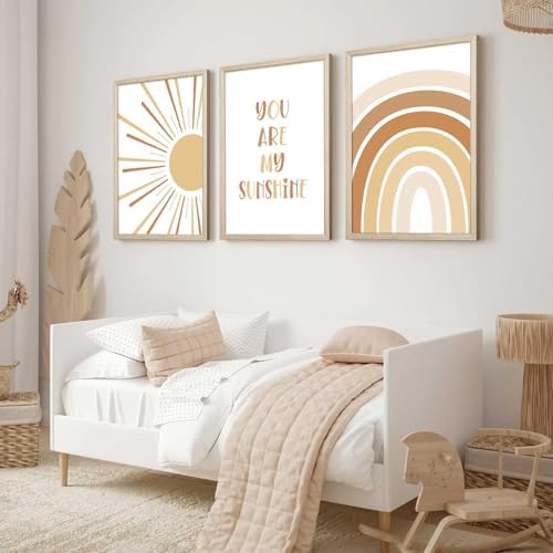 Baccone Boho Nursery Wall Art Baby Girl Wall Decor Kids Rainbow Canvas Wall Art You Are My Sunshine Pictures Toddler Sun Prints Nursery Artwork for Room Bedroom Set of 3 12x16 Inch Unframed