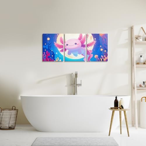 Feelyou Kids Cartoon Axolotl Wall Painting Posters and Prints Cute Salamander Canvas Wall Art Living Room Bedroom Ocean Animal Picture Wall Decor Boys Girls Animal Bathroom Wall Art 12"x16"x 3Pcs