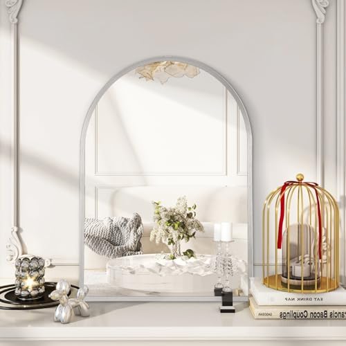 Arched Wall Mirror, 26"x18" Silver Arch Mirror, Metal Frame Bathroom Mirrors, Arched Vanity Mirror for Living Room Bedroom Mantel Entryway