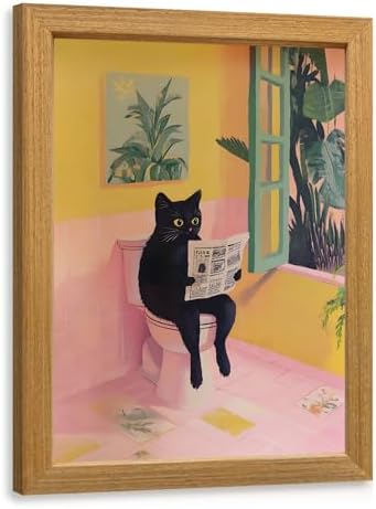 Cyebmo Funny Bathroom Wall Art, Cute Black Cat Sitting on Toilet Reading Newspaper Wall Decor, Whimsical Pink Abstract Animal Canvas Artwork for Bathroom Kid's Restroom Bedroom Wood Framed 8x10 Inch