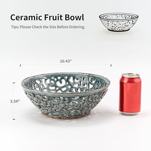 SIDUCAL Ceramic Fruit Bowl for Kitchen Counter,Decorative Fruit Basket with Holes, 10.43" Large Hollow Out Fruit Vegetable Holder Bowl for Table Decor, Gray