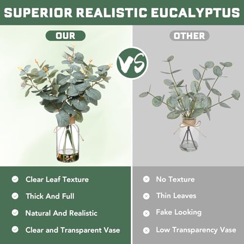 Artificial Eucalyptus Stems in Glass Vase, 15.74-in Greenery