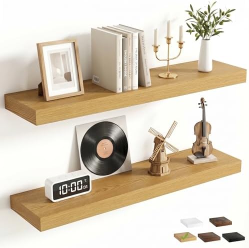 FLYJOE 27.5 Inch Floating Shelves for Wall Set of 2, 6.5" D Wood Grain Bathroom Shelves with Invisible Brackets, Easy Install Engineered Wood Storage Shelves for Kitchen, Living Room, Bedroom