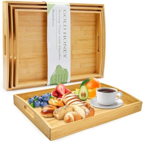 GOLD HONEY Bamboo Serving Tray with Handles, Wooden Serving Tray Set of 3