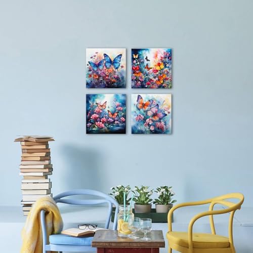 Abstract Wildflower Canvas Wall Art Bathroom Decor Colorful Butterfly Canvas Prints Pictures Watercolor Daisy Poppy Floral Nature Flowers Artwork for Living Room Bedroom Home Decorations 16x16" 4Pcs