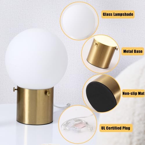 Somniferous Gold Table Lamps Set of 2, Small Bedside Lamps with Frosted Glass Globe Shade, Mid Century Modern Lamp, Nightstand Lamps for Bedroom Living Room Dorm, 7W LED Bulb Included