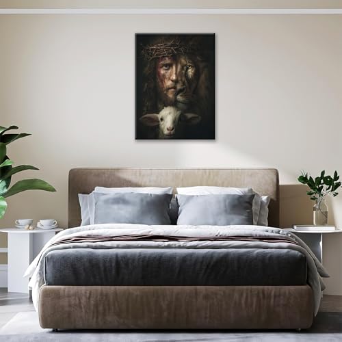 Jesus Canvas Wall Art Lion of Judah Pictures Christian Art Painting Religious God Prints Sheep Lion Modern Artwork for Bathroom Living Room Bedroom Office Framed Wall Decor 12"x16"