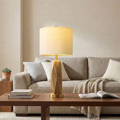 BOBOMOMO 27.5" Gold Table Lamps Set of 2 with USB-A & USB-C Charging Ports, Textured Resin Bedside Lamps with Linen Shade & Rotary Switch, Tall Nightstand Lamps for Bedroom, Living Room Office