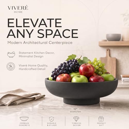 12" Concrete Extra Large Fruit bowl for Kitchen Counter, Coffee Table Decor, Decorative Key Bowl, Home Décor Accents, Kitchen Counter Decor Black