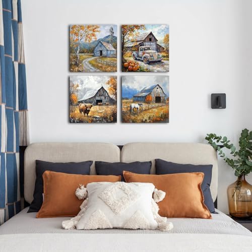 Colorful Wildflower Wall Art Farmhouse Barn Pictures Wall Decor Autumn Forest Painting Rustic Windmill Truck Horse Canvas Prints Country Artwork for Bedroom Living Room Home Decoration 20x20" 4Pcs