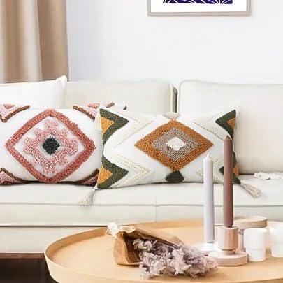 Woven Tufted Boho Throw Pillow Covers 12x20, Farmhouse Pillows Cover Cases Cushion with Tassels, Neutral Decorative Square Pillowcases for Couch Bed Sofa Living Room Bedroom Aesthetic Brown