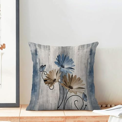 Blue Brown Floral Pillow Covers 18 x 18 Inch Set of 2 Daisy Floral Butterfly Decorative Throw Pillow Covers Linen Rustic Farmhouse Cushion Cases for Home Sofa Couch Living Room Decor