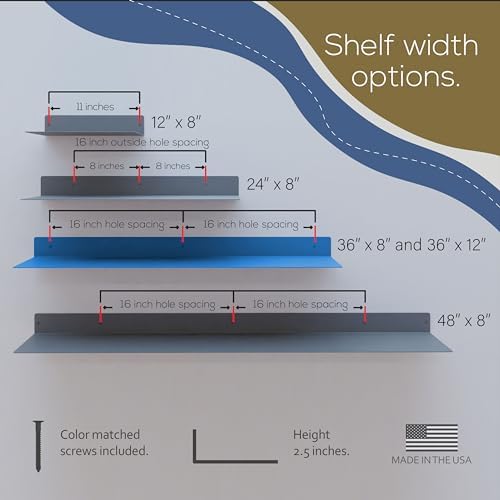 36x12 in Metal Floating Shelf Blue Wall Mounted - Made in The USA - Bedroom, Living Room, Bathroom, Kitchen