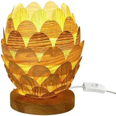 Boho Wooden Flower Table Lamp with Handmade Natural Base, Small Vintage Woven Rattan Wicker Nightstand Cute Desk Lamp, Bedside Bamboo End Table Lights for Bedroom, Living Room, Kitchen Island