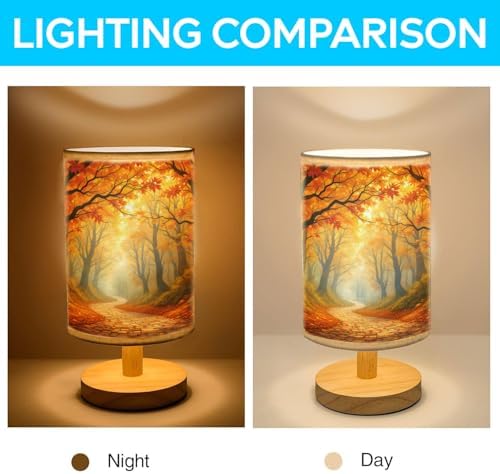 Autumn Forest Table Lamp LED 3-Color Pressed Bedside, Autumn Forest Shade Lamp with Wood Base for Bedroom Living Room Desk Office TL01