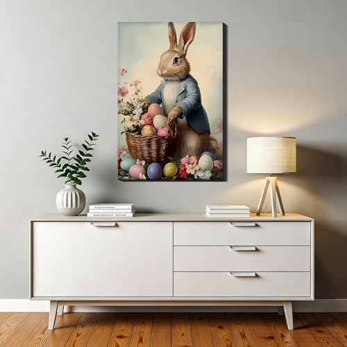 Vintage Easter Rabbit Eggs Canvas Art 16x24, Colorful Cozy Spring Bunny Pictures Wall Art, Perfect for Easter Bathroom Bedroom, Living Room Holiday Wall Decorations