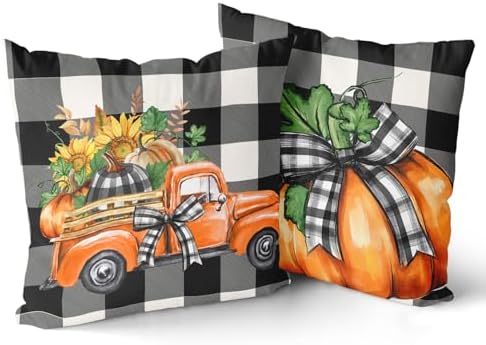 Giwawa Fall Pillow Covers Set of 2, Orange Autumn Truck Pumpkins Throw Pillowcases 18x18 Inches with Black White Buffalo Plaids, Soft Cotton Square Cushion Cover for Sofa Couch Bedding Home Decor