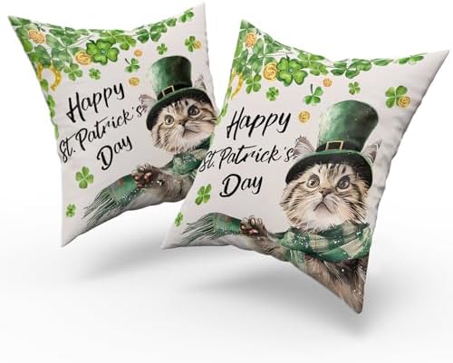Giwawa Patrick Cat Throw Pillow Covers Set of 2, 20x20in Happy St Patrick's Day Kitten Decorative Square Pillow Cases, Clover Shamrock Soft Cotton Cushion Covers for Sofa Couch Bedding Decor