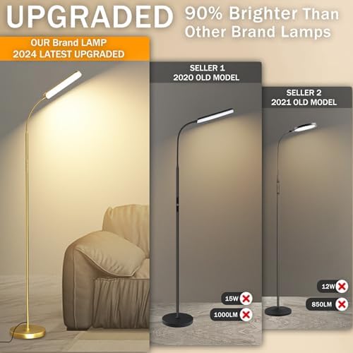 marctronic Gold Floor Lamp, 18W 1800LM Bright LED Floor Lamps for Living Room Bedroom, Dimmable Timing Eye Caring Reading Standing Lamp with Remote & Works with Smart Plug