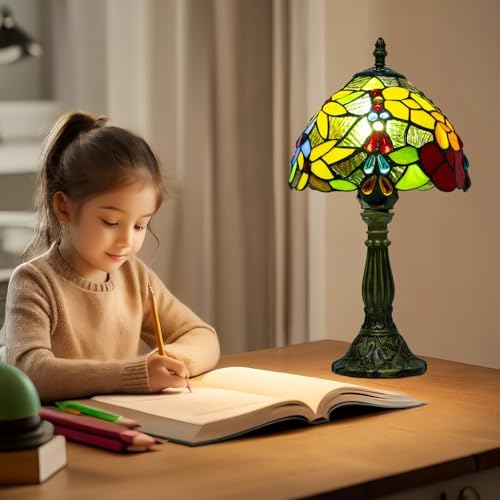 Small Tiffany Table Lamp, 3 Color Temperature, 8 Inch Antique Stained Glass Lamp for Bedroom Living Room Home, Handcrafted Light, Included Bulb (I Flower Bead)