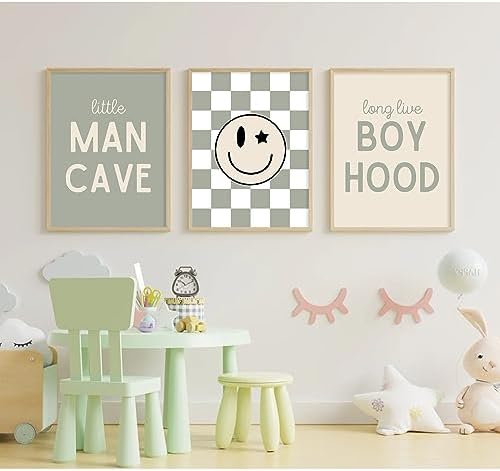 Long Live Boyhood Wall Art Nursery Baby Boys Canvas Wall Art Decor Preppy Retro Poster Prints Kids Little Man Cave Pictures Sage Green Artwork for Room Bedroom Set of 3 12x16 Inch Unframed