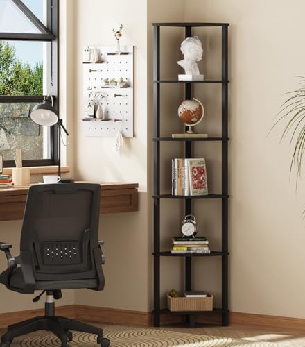 VIMBER Corner Shelf, 6-Tier Corner Bookshelf, Industrial Corner Ladder Shelf, DIY Storage Shelves, Modern Display Shelf for Living Room, Bedroom, Kitchen, Home Office, Black UJSJ004B
