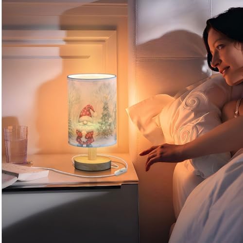 Fustylead Winter Red Gnome Rabbit Forest Bedside Table Lamps with USB Port for Bedroom Lamp Accent Table Lamp Small Nightstand Lamp Sturdy Linen Shade Wooden Decorative Lamps for Home|Kids|Holiday