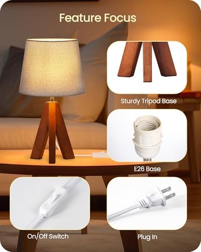 Tripod Table Lamp, 14.6" Small Bedside Lamp with Gray Linen Shade & Dark Wood Base, Modern Nightstand Lamp for Bedroom, Kids Room, Living Room, Nursery, Office, E26 Socket, LH51TL05