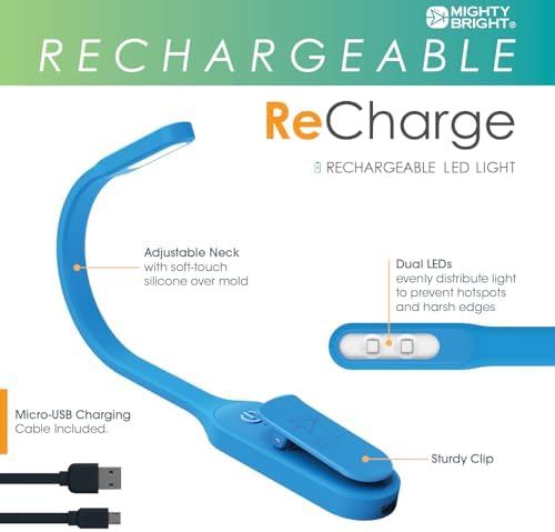 The Original Mighty Bright Recharge Clip On Rechargeable Book Light Reading Light, Warm Eye Care LEDs, Flexible, Durable, Dimmable, Perfect for Kids, Bookworms, Reading in Bed, Lasts 60 Hours (Blue)