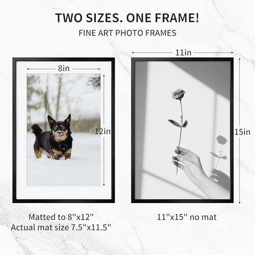 11x15 Metal Picture Frame with 8x10 Mat, Brushed Aluminum Finish, Attached Hanging Hardware, and Tempered Glass Front - Versatile Vertical or Horizontal Wall Display Frames Set of 1 - Black