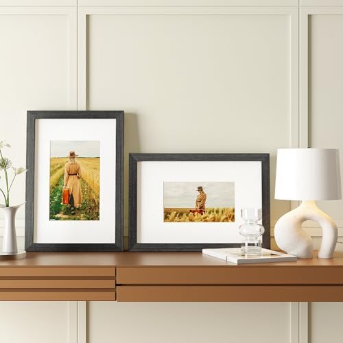 Egofine 8x12 Picture Frames Set of 4, Made of Solid Wood Covered by Plexiglass 5x7 and 6x8 with Mat or 8x12 without Mat, for Table Top Display and Wall Mounting Photo Frame Rustic Black