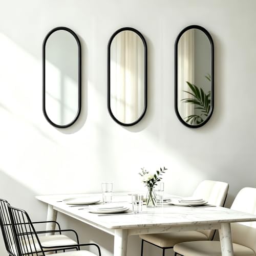 3 pcs Wall Mirrors and Tray Décor Set, Cute Vanity Mirrors with Black Frame, Bathroom Decor for Bedroom, Entryway, Living Room Farmhouse Decor (12”x4,7”)