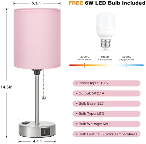 Small Bedside Table Lamp for Bedroom - Desk Lamp with USB Ports for Dorm