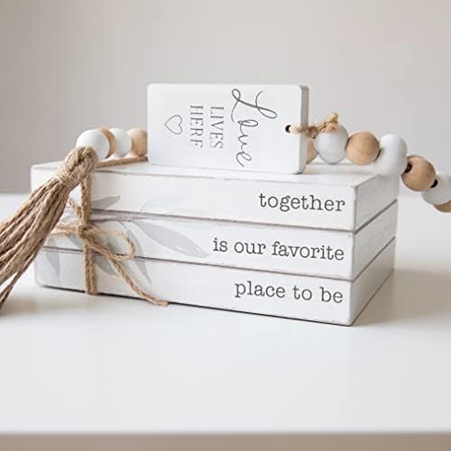 GENMOUS 4pcs White Decorative Books Set for Home Decor, Stacked Wood Books with Wood Beads for Living Room, White Faux Books for Display, Shelf Decor, Mantel Decor, Farmhouse Décor (Together)