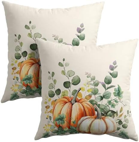 Fall Throw Pillow Cover 16x16 Inch Pack of 2 Autumn Watercolor Pumpkin Sage Green Leaf Outdoor Pillow Protector Thanksgiving Sofa Cotton Linen Square Pillow Set Farmhouse Pillowcases for Home Bed