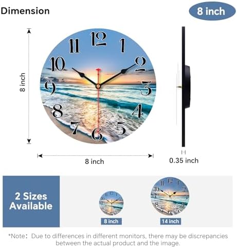 VIKMARI 8in Beach Coastal Wall Clock, Small Wooden Ocean Kitchen Decor