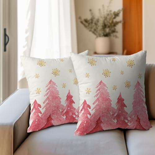 Christmas Tree Throw Pillow 20x20 Inch Set of 2 Cover Winter Christmas Pillowcase Pink Trees Golden Snowflake Decorative Cushion Cover Holiday Rustic Tree Pillow Protector for Home Sofa