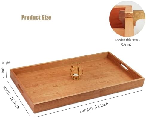 32"x 18" Large Cherry Wood Rectangle Ottoman Serving Tray