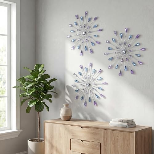 ZEXUIRU 3 Set Silver Starburst Wall Art for Home Decor Metal Bling Crystal Rhinestones Sunburst Wall Decor Sparkling Rhinestone Art Accent Silver - 13in