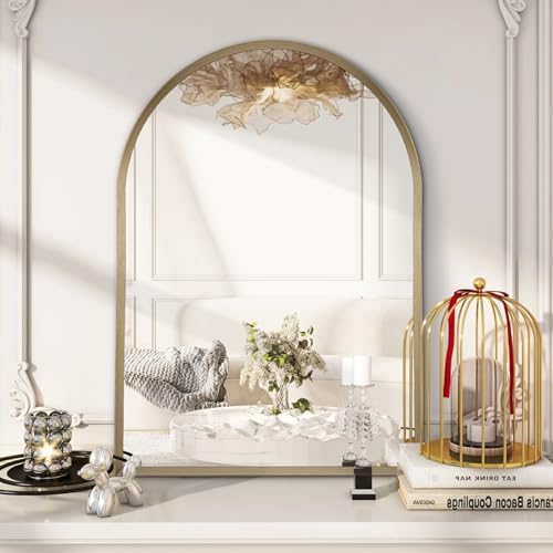 Bathroom Arched Wall Mirror Brushed Metal Vanity Wall Mounted Mirror for LivingRoom Bedroom Entryway Room Vanity Home Decor 26"x18"