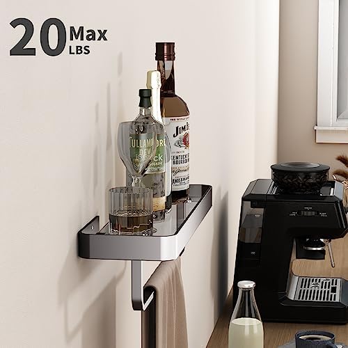 Danpoo 16 Inch Long Floating Bathroom Shelf with Towel Bar, Clear Tempered Glass Wall Shelf with Hand Towel Holder for Bathroom Storage Organizer, Matte Black