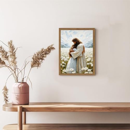 Framed 3D Textured Jesus Embracing Woman Wall Art, Jesus Hugging Woman Wall Decor Hand Drawn Sandstone Religious Christian Bible Painting Pictures for Bedroom Living Prayer Room 16x24 in Wood Framed