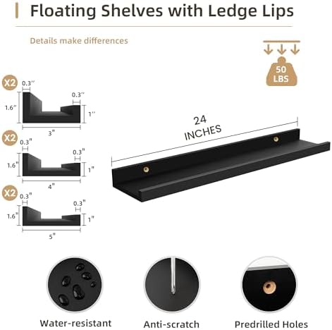 Acovy Floating Shelves Set of 6, 24 Inch Wall Mounted Picture Ledge Shelf with Lip, Black Display Shelves for Living Room, Bedroom, Nursery, Bathroom & Kitchen