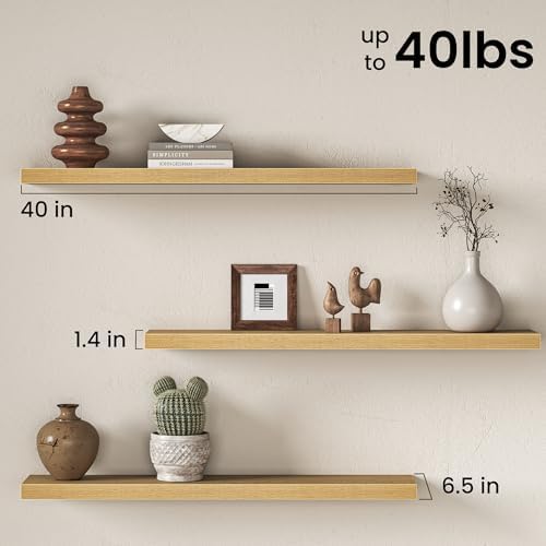 40 Inch Floating Shelves for Wall, Rustic Wood Wall Mounted Deep Storage Shelves with Invisible Brackets, Long Decorative Display Ledge for Living Room Bedroom Bathroom and Kitchen, Set of 2, Oak
