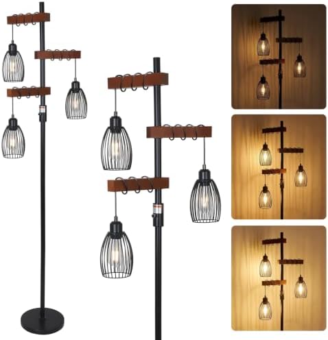 Industrial Floor Lamps for Living Room, Stable Standing Lamp with Metal Cage Shade, Wood Floor Lamp for Bedroom Reading Office, Dimmable Tall Lamp Rustic Home Decor Corner Lamp
