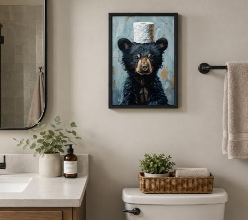 Black Framed Funny Bathroom Bear Canvas Wall Art, Black Bear with Paper Poster Print Artwork, Humor Animal Painting Picture Wall Decor, for Kids Restroom, Cabin, Bathroom, Home Decoration, 8x10in