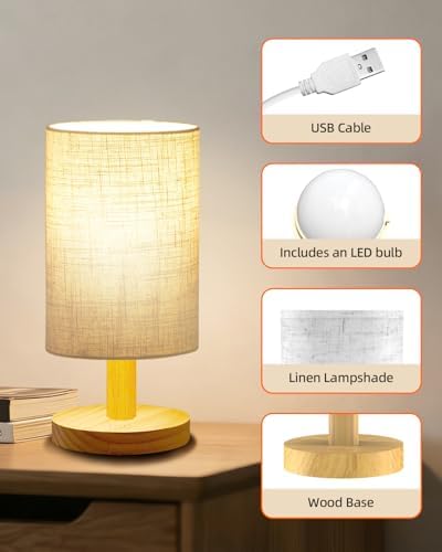 Small Touch Table Lamp for Bedroom, Portable LED Desk Lamps, 3 Color Stepless Dimming Up, Wood Base Round Flaxen Fabric Shade for Kids Room, Living Room, College Dorm, Home, Office