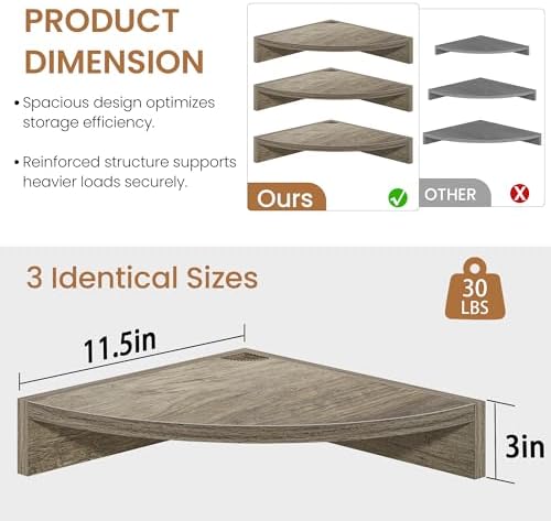Fun Memories Corner Shelf Wall Mount, Wood Floating Corner Shelves,Corner Wall Shelf for Bedroom, Bathroom, Kitchen, Living Room (Grey, 3 Pack)